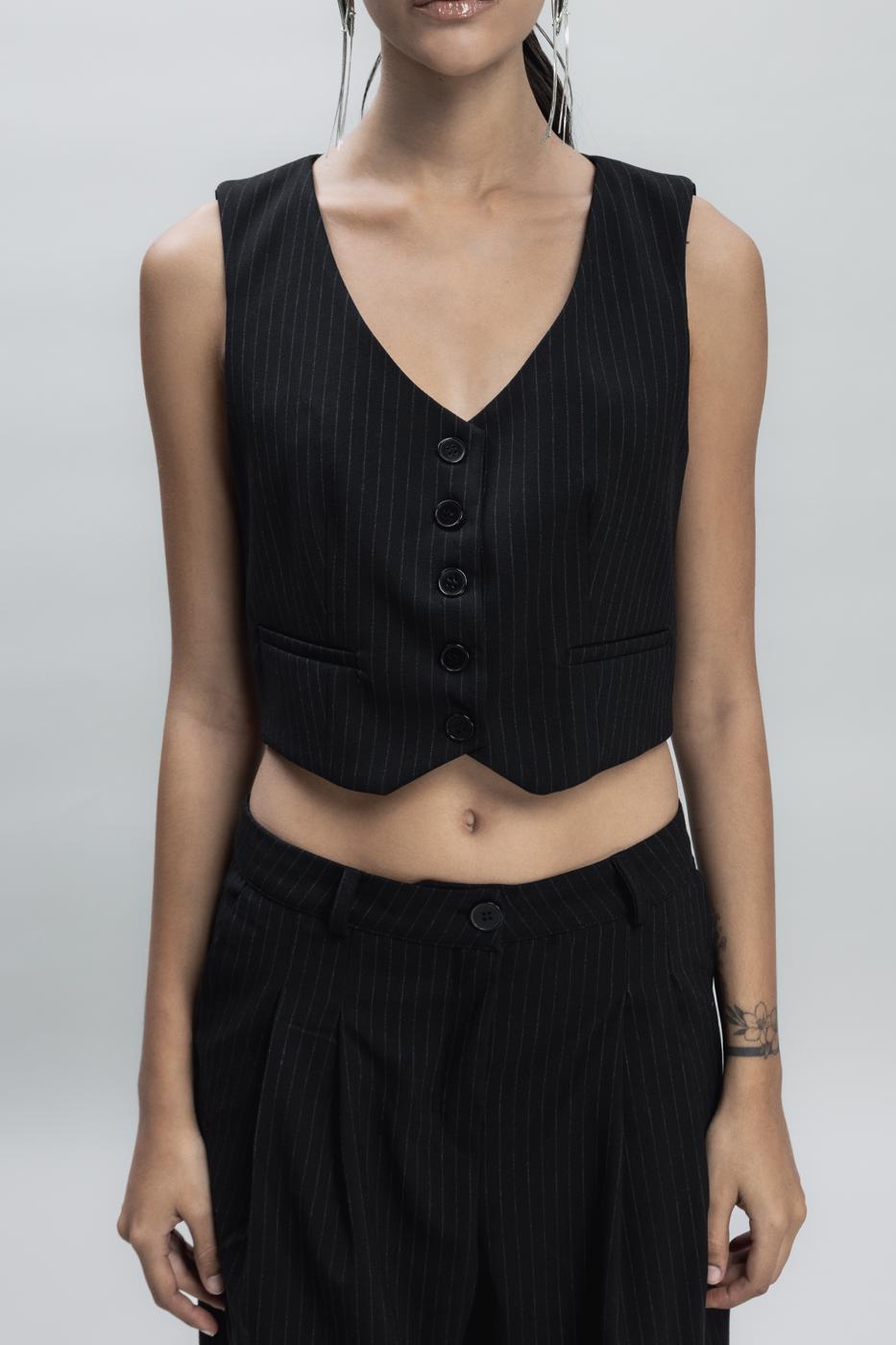 Bayan Siyah Crop Fit Yelek