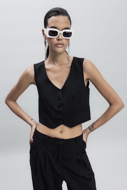 Bayan Siyah Crop Fit Yelek - BSL