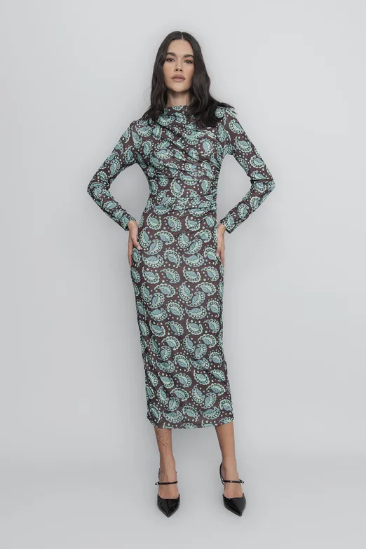 Bayan Yeşil Drapeli  Kalem Midi Elbise - BSL