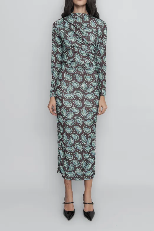 Bayan Yeşil Drapeli  Kalem Midi Elbise - BSL