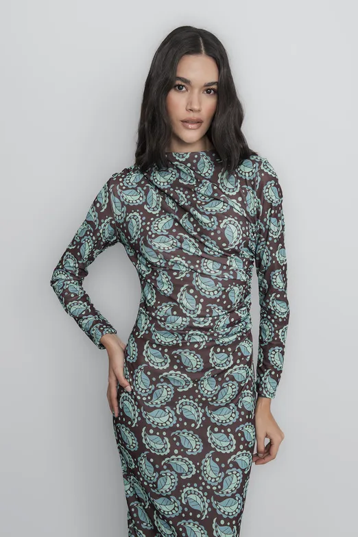 Bayan Yeşil Drapeli  Kalem Midi Elbise - BSL