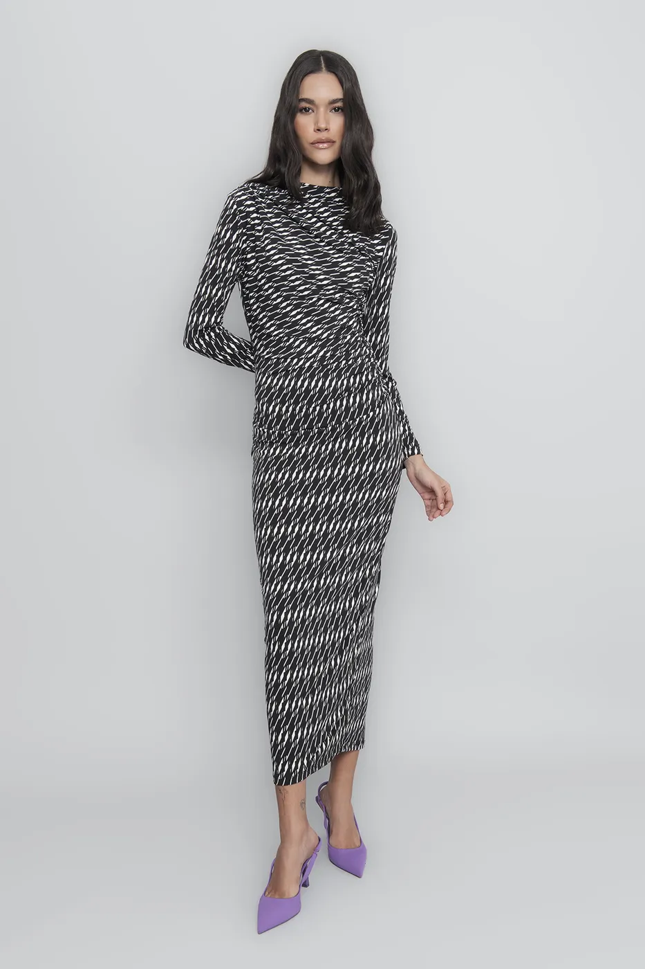 Bayan Siyah Drapeli  Kalem Midi Elbise