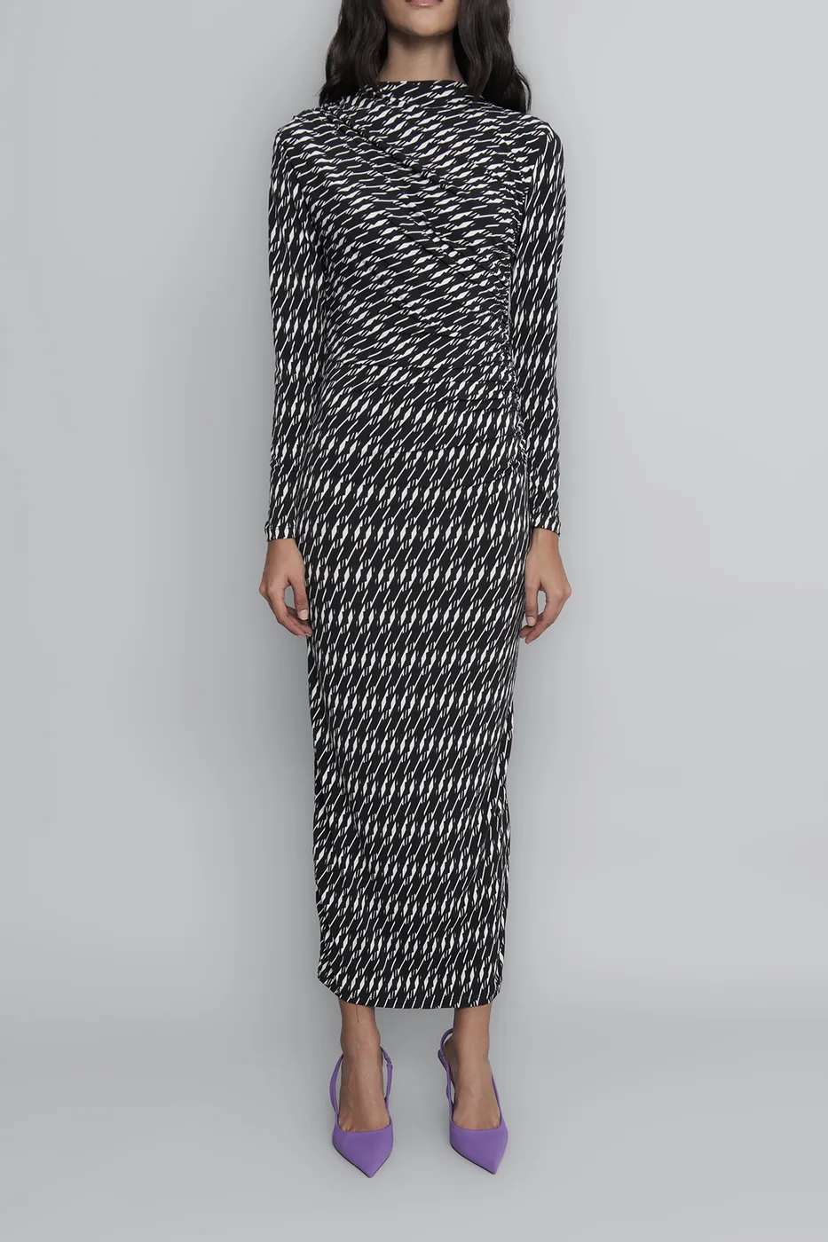 Bayan Siyah Drapeli  Kalem Midi Elbise