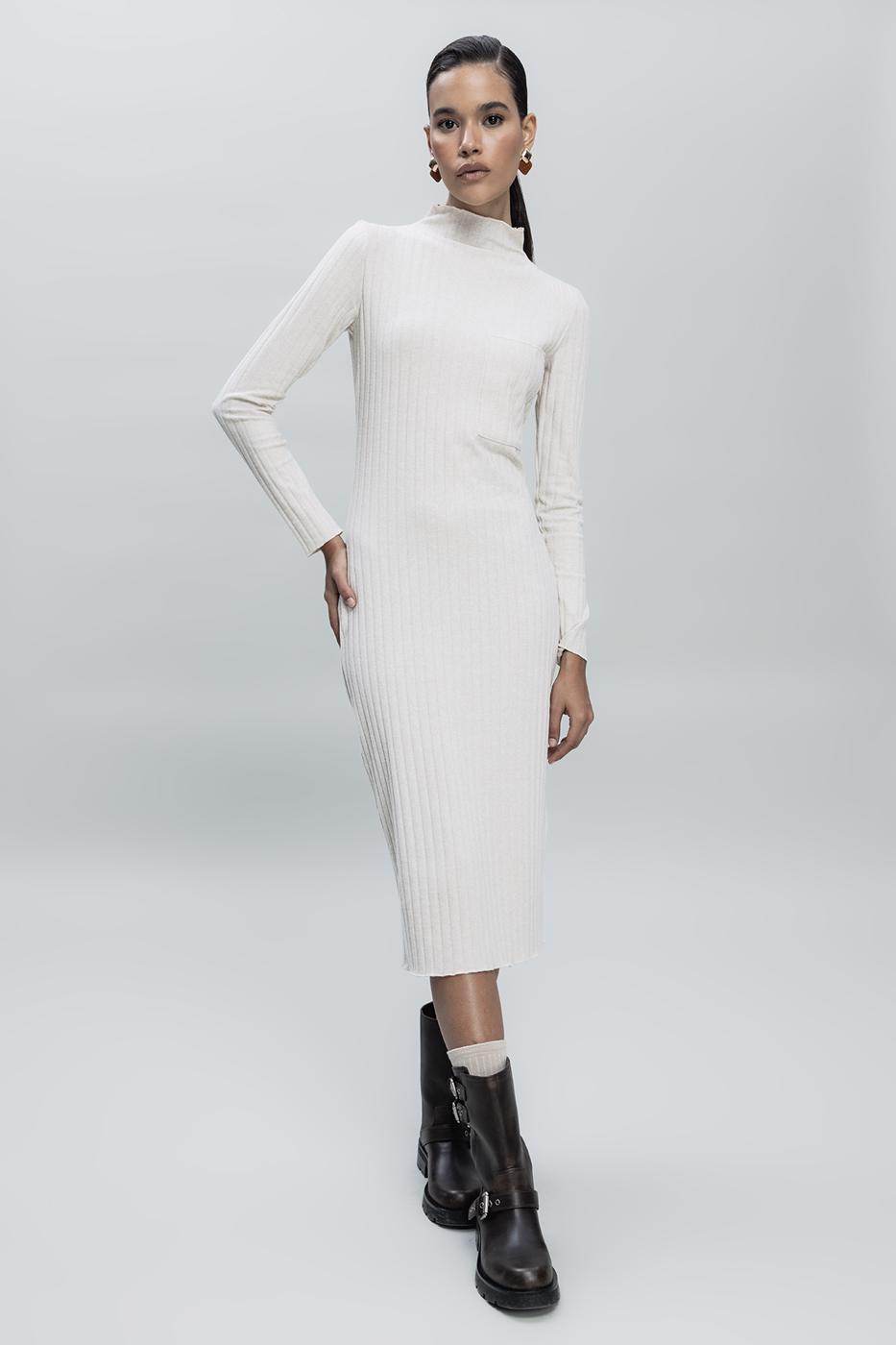 Bayan Bej Cep Detaylı Midi Elbise