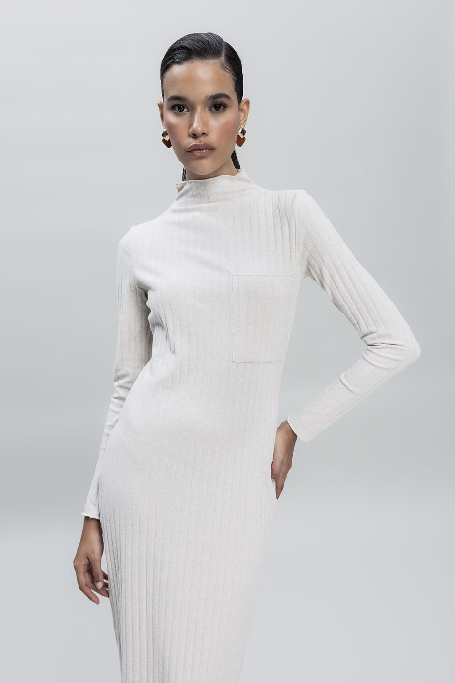 Bayan Bej Cep Detaylı Midi Elbise