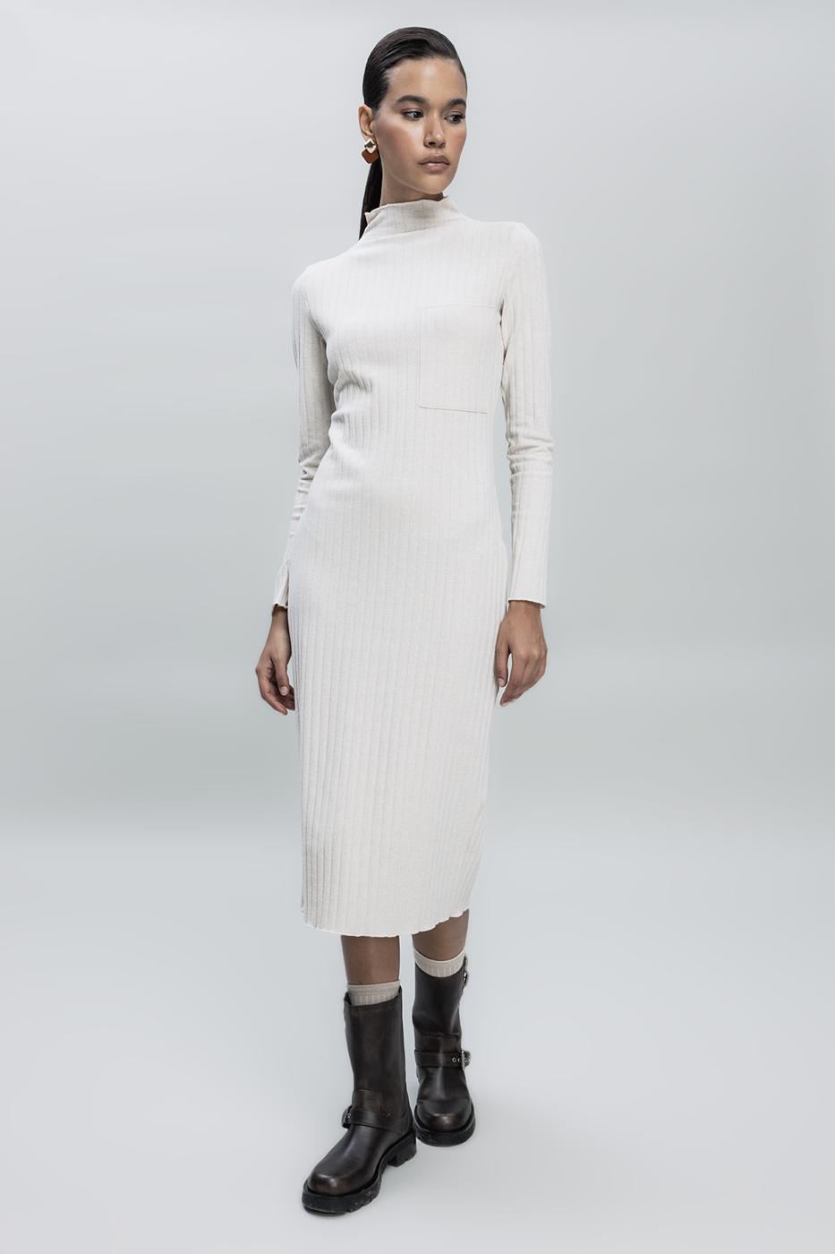 Bayan Bej Cep Detaylı Midi Elbise