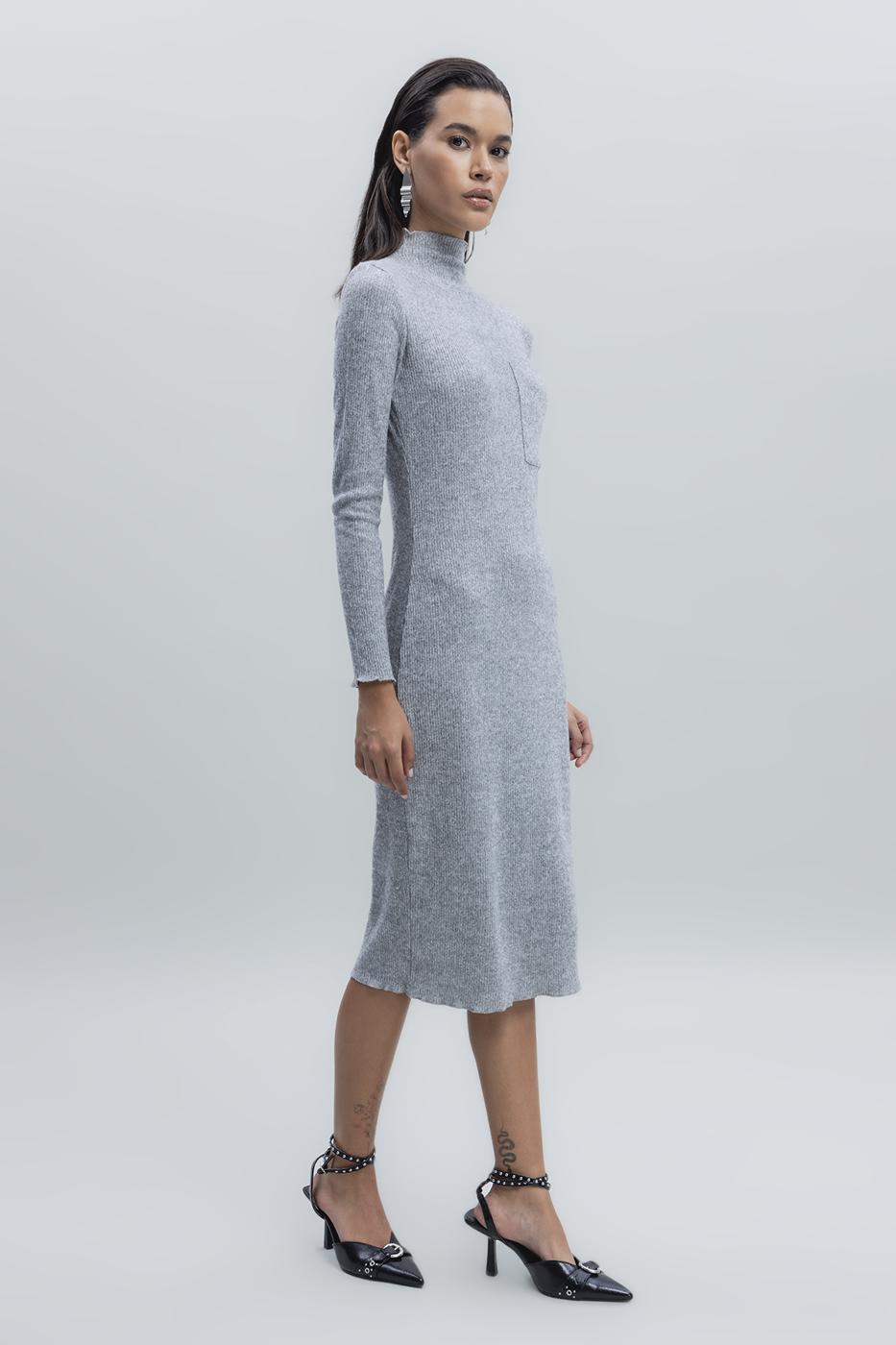 Bayan Gri Cep Detaylı Midi Elbise