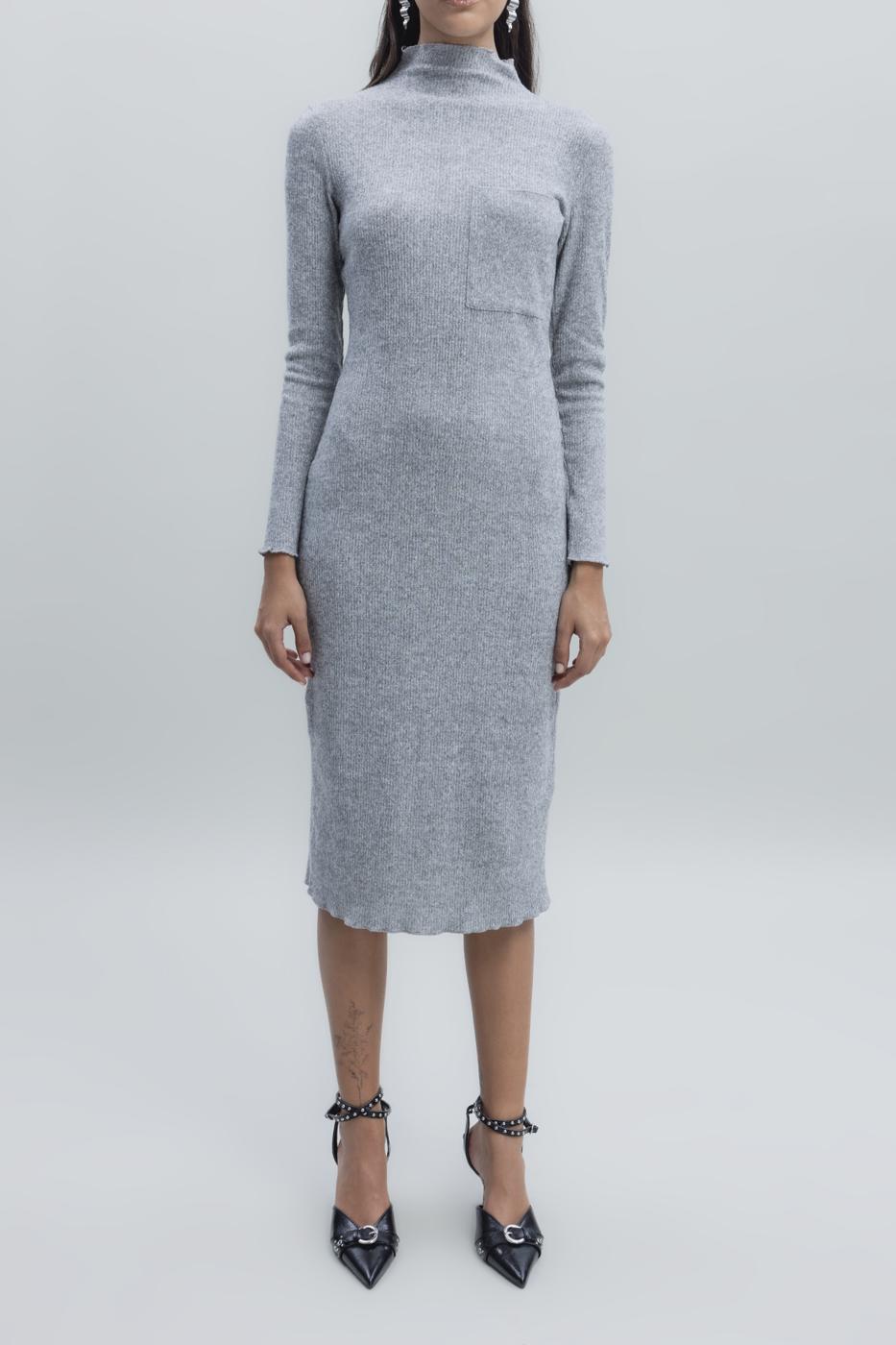 Bayan Gri Cep Detaylı Midi Elbise