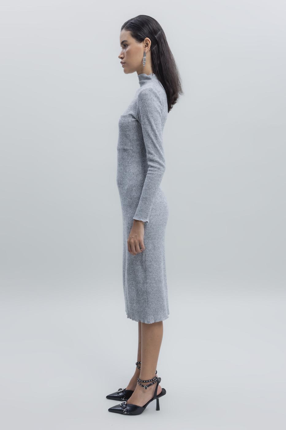 Bayan Gri Cep Detaylı Midi Elbise