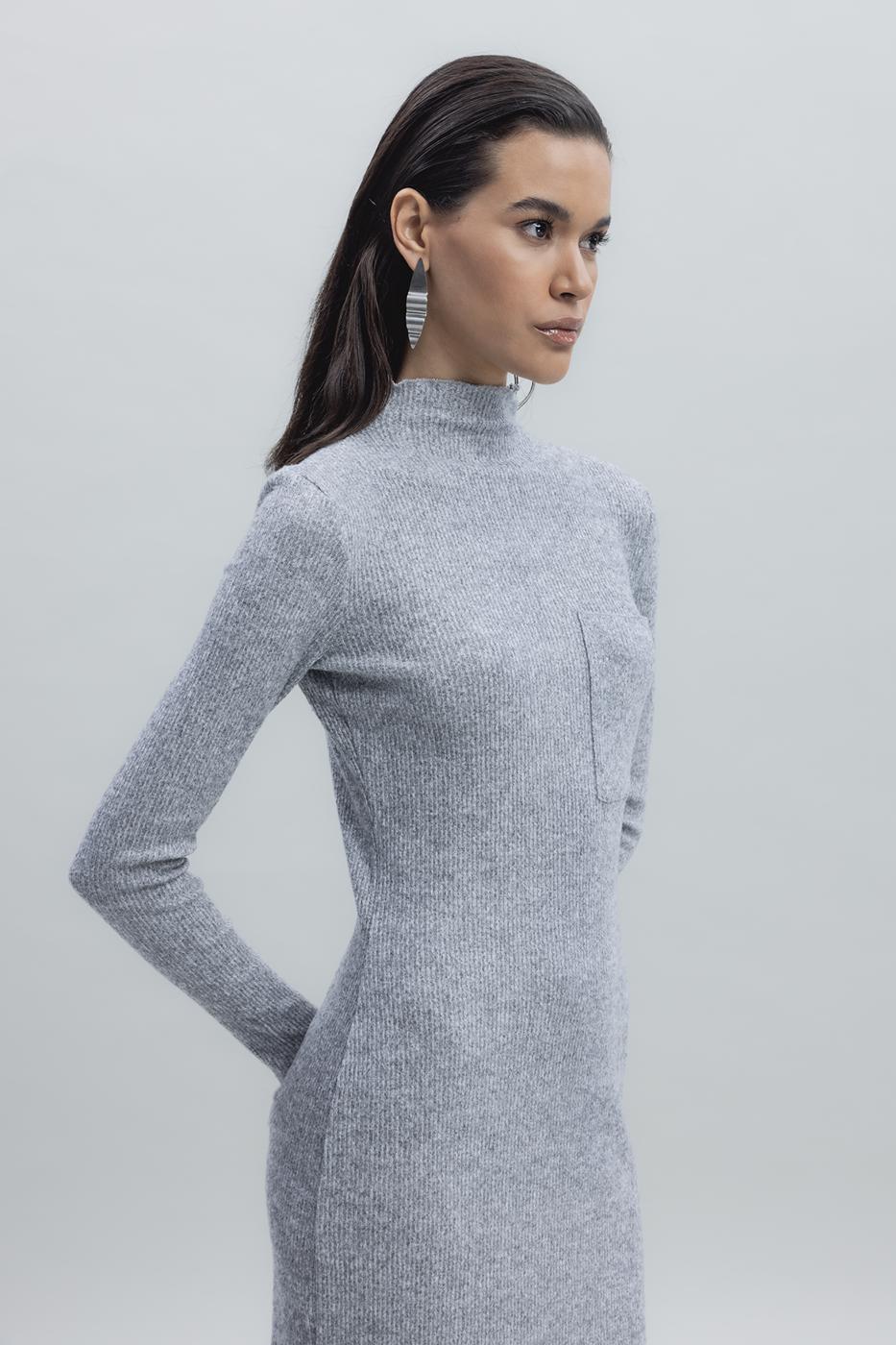 Bayan Gri Cep Detaylı Midi Elbise