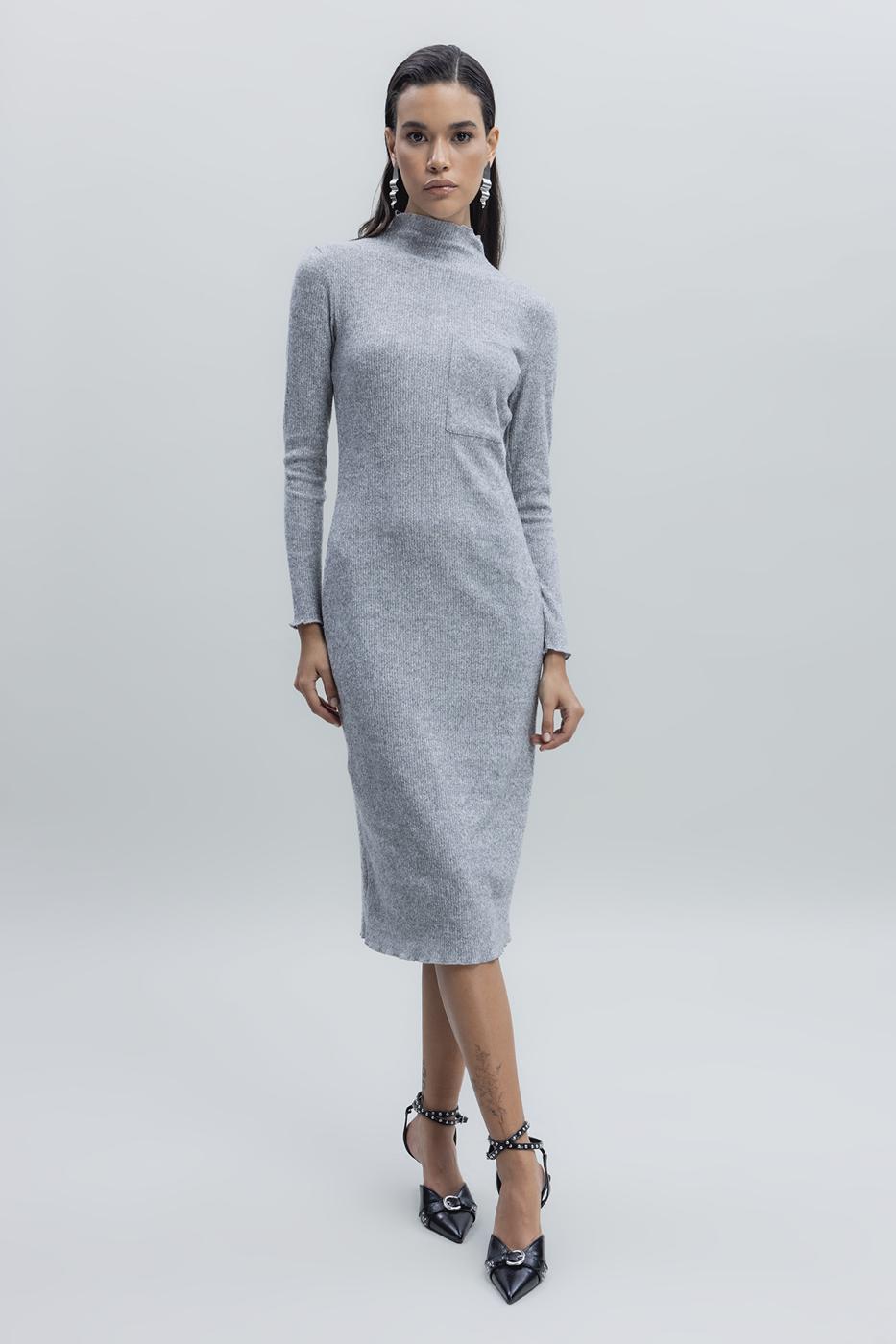 Bayan Gri Cep Detaylı Midi Elbise