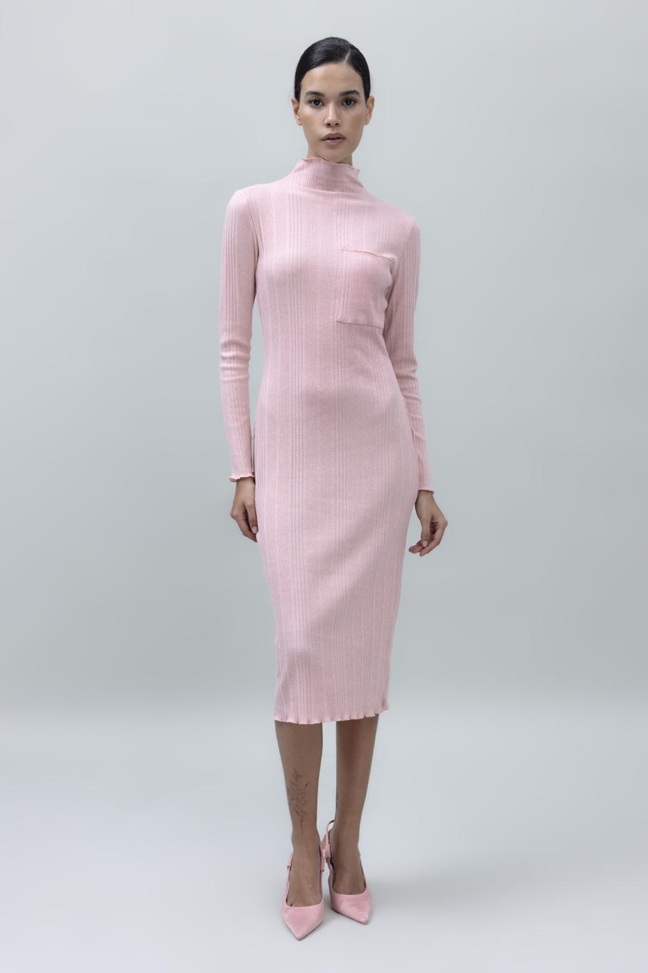 Bayan Pembe Cep Detaylı Midi Elbise