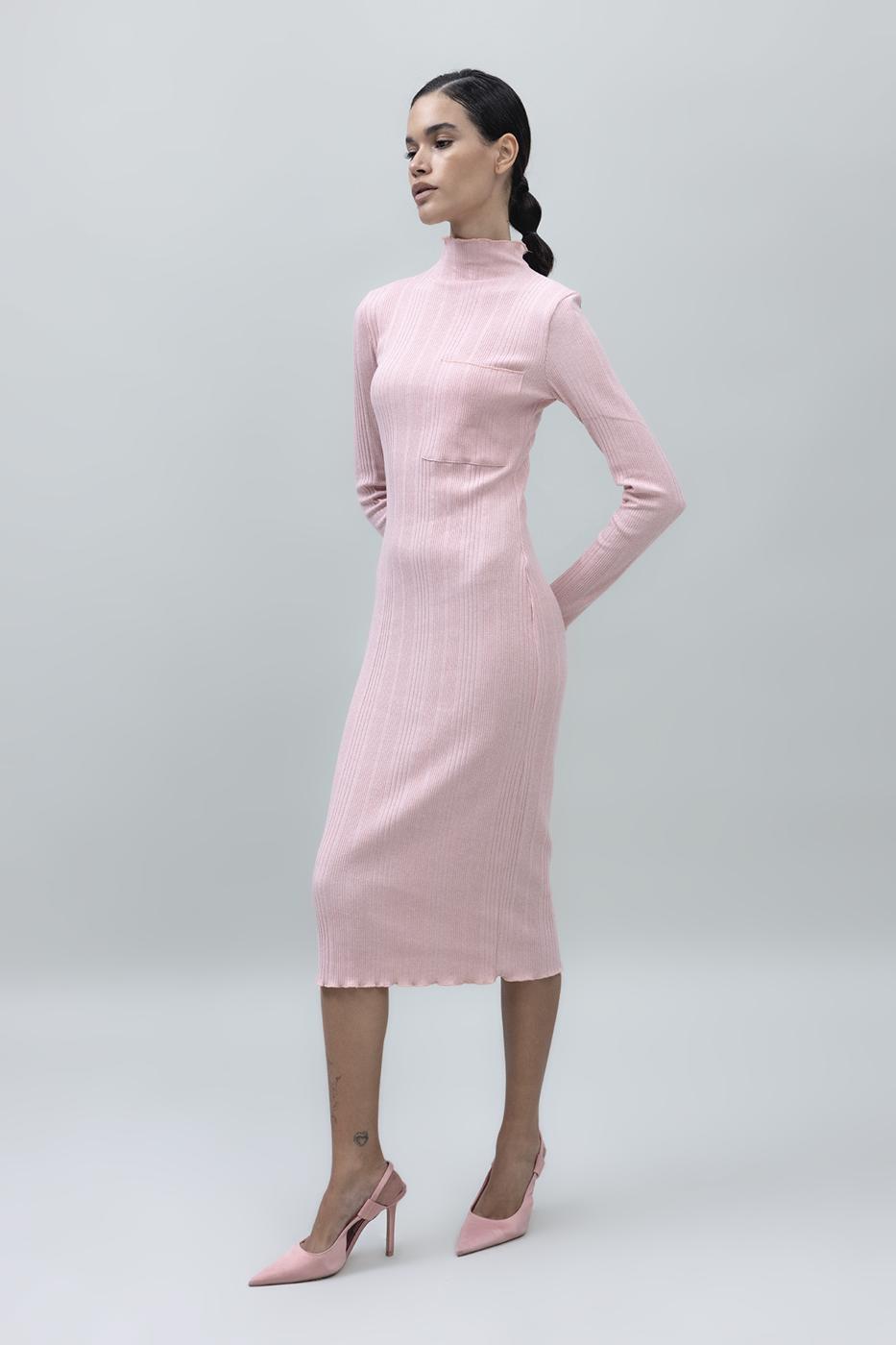 Bayan Pembe Cep Detaylı Midi Elbise