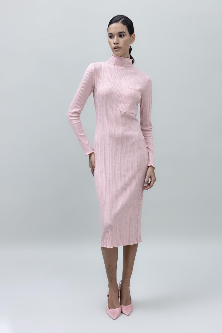 Bayan Pembe Cep Detaylı Midi Elbise