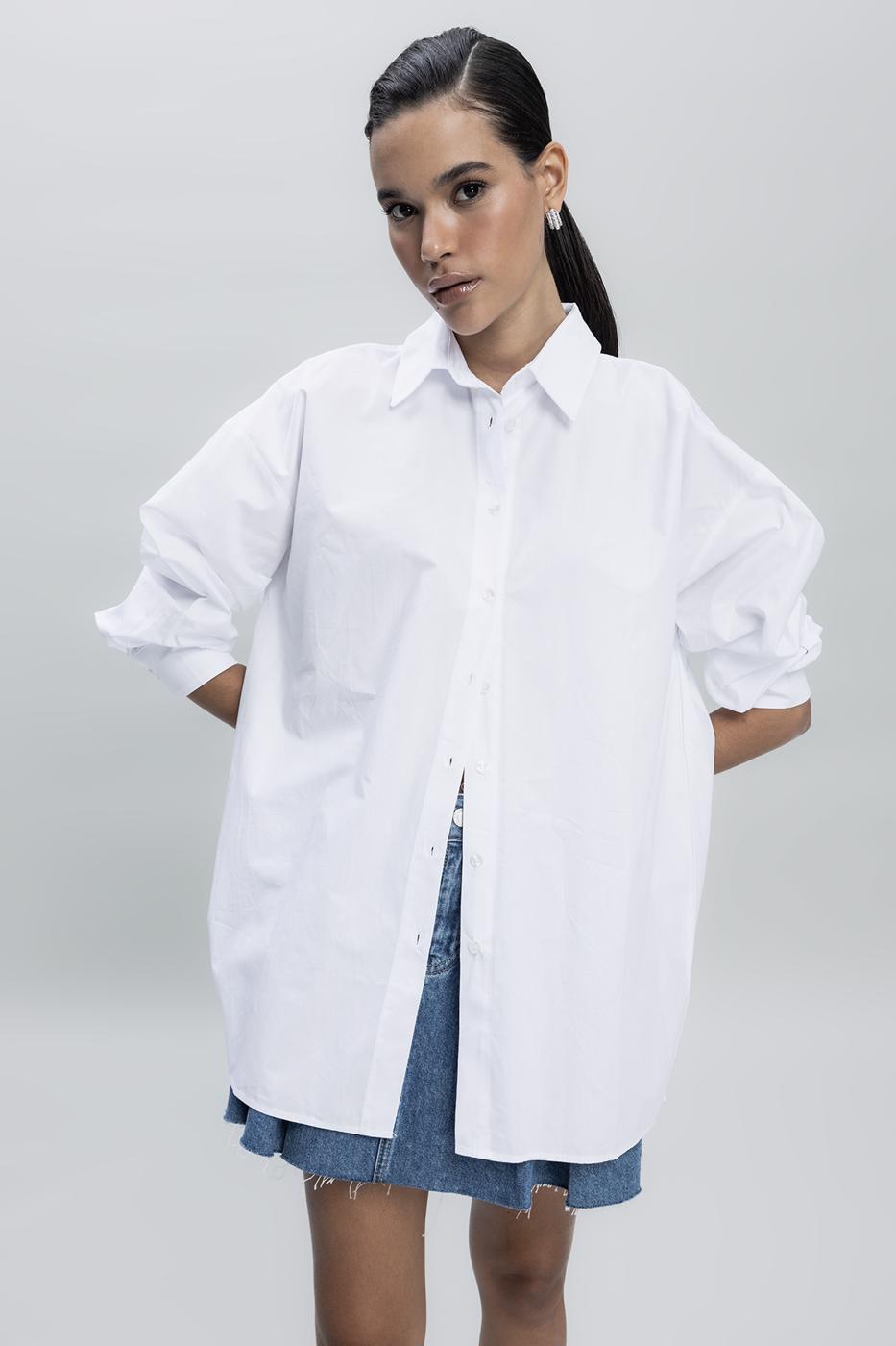 Bayan Beyaz Oversize Uzun Cotton Gömlek