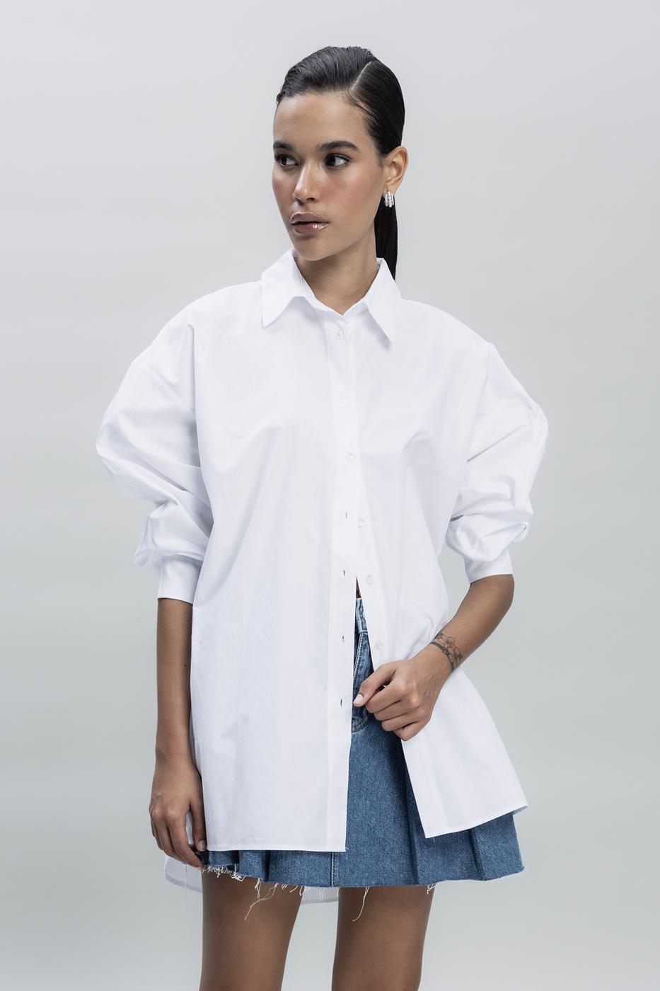 Bayan Beyaz Oversize Uzun Cotton Gömlek