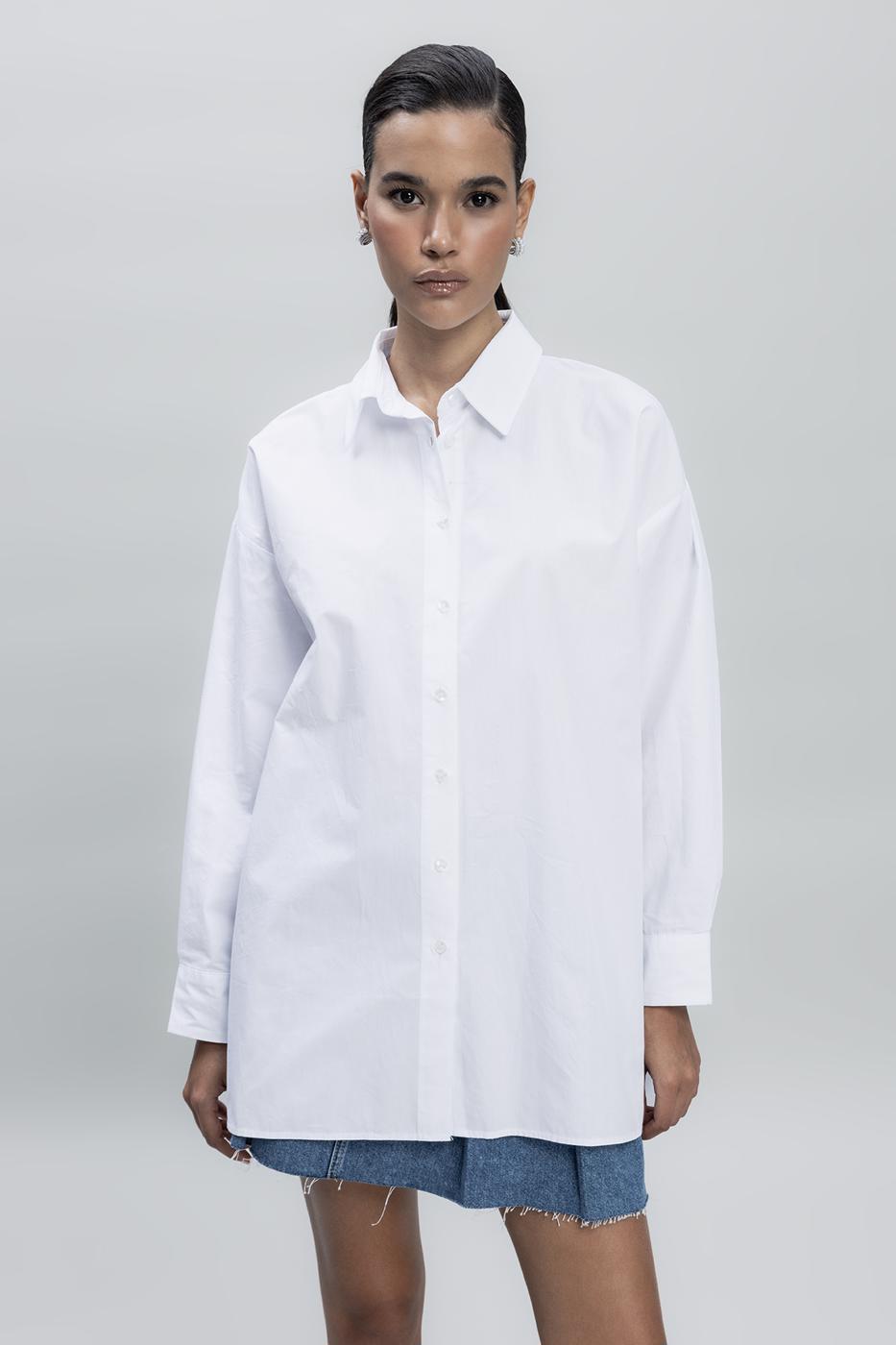 Bayan Beyaz Oversize Uzun Cotton Gömlek