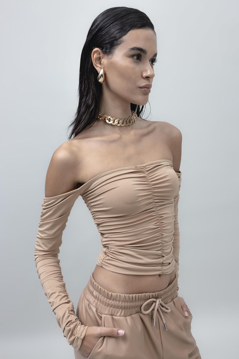 Bayan Bej Straplez Uzun Kollu Top