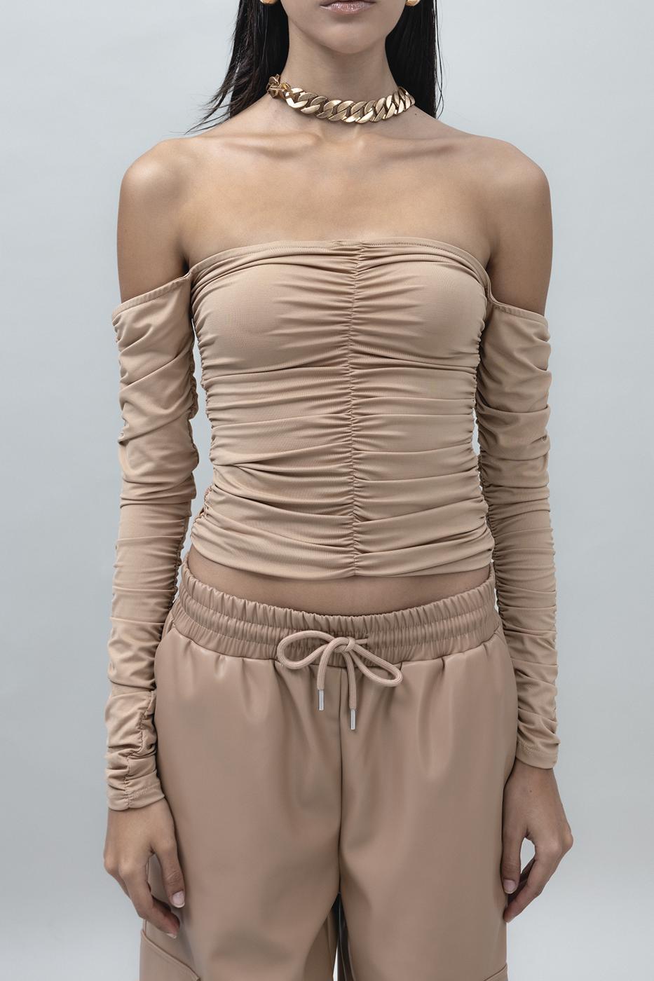 Bayan Bej Straplez Uzun Kollu Top