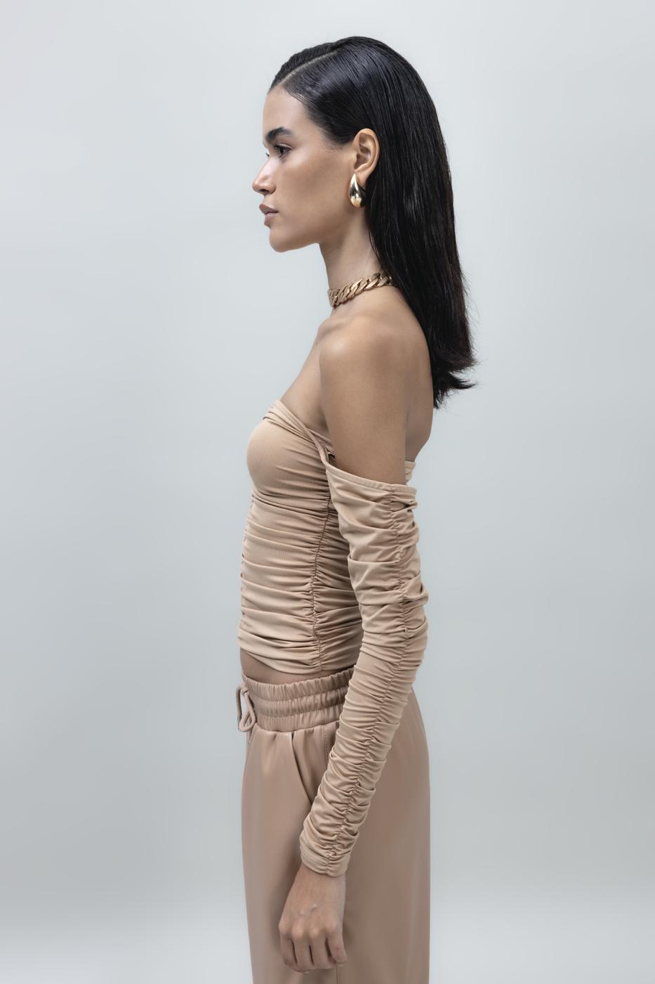 Bayan Bej Straplez Uzun Kollu Top