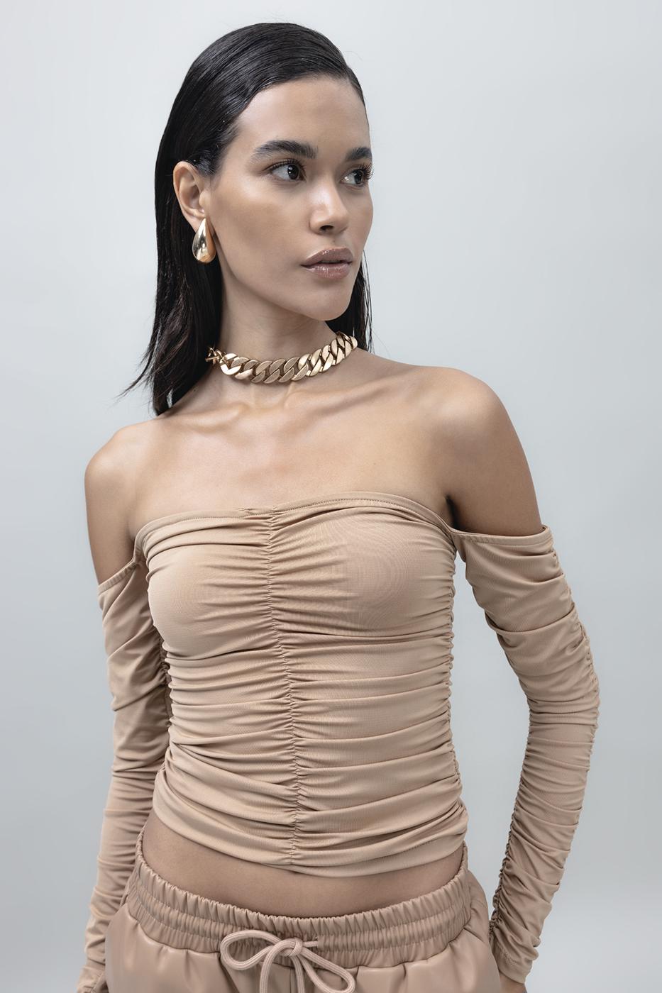 Bayan Bej Straplez Uzun Kollu Top