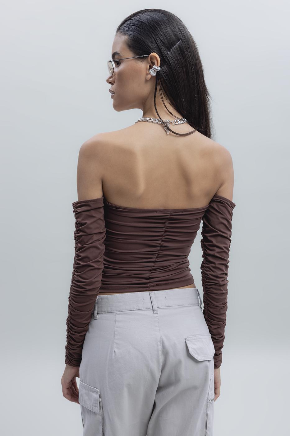 Bayan Kahverengi Straplez Uzun Kollu Top