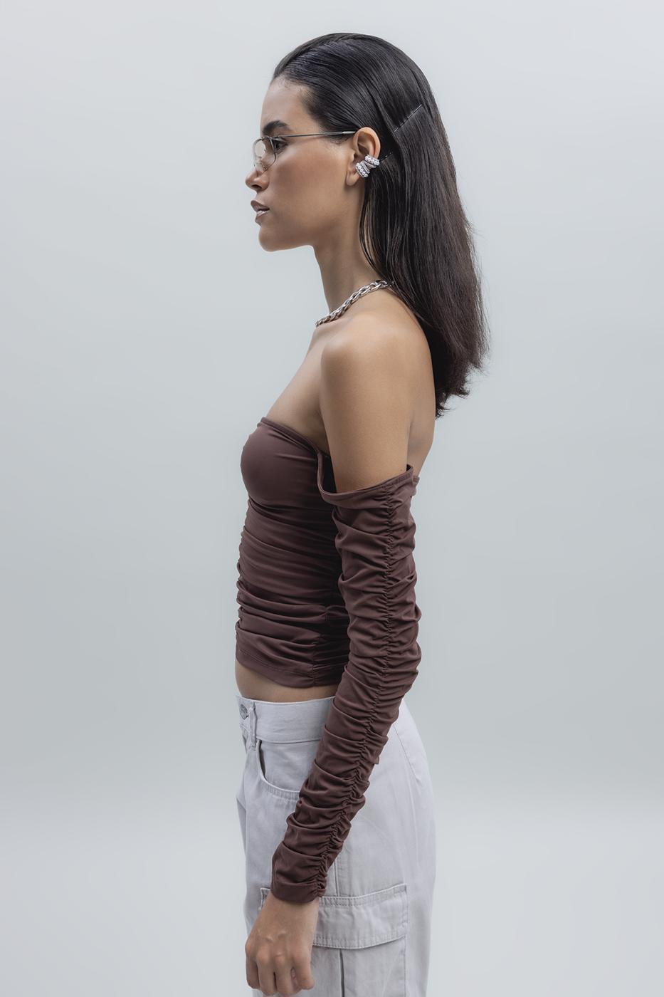 Bayan Kahverengi Straplez Uzun Kollu Top