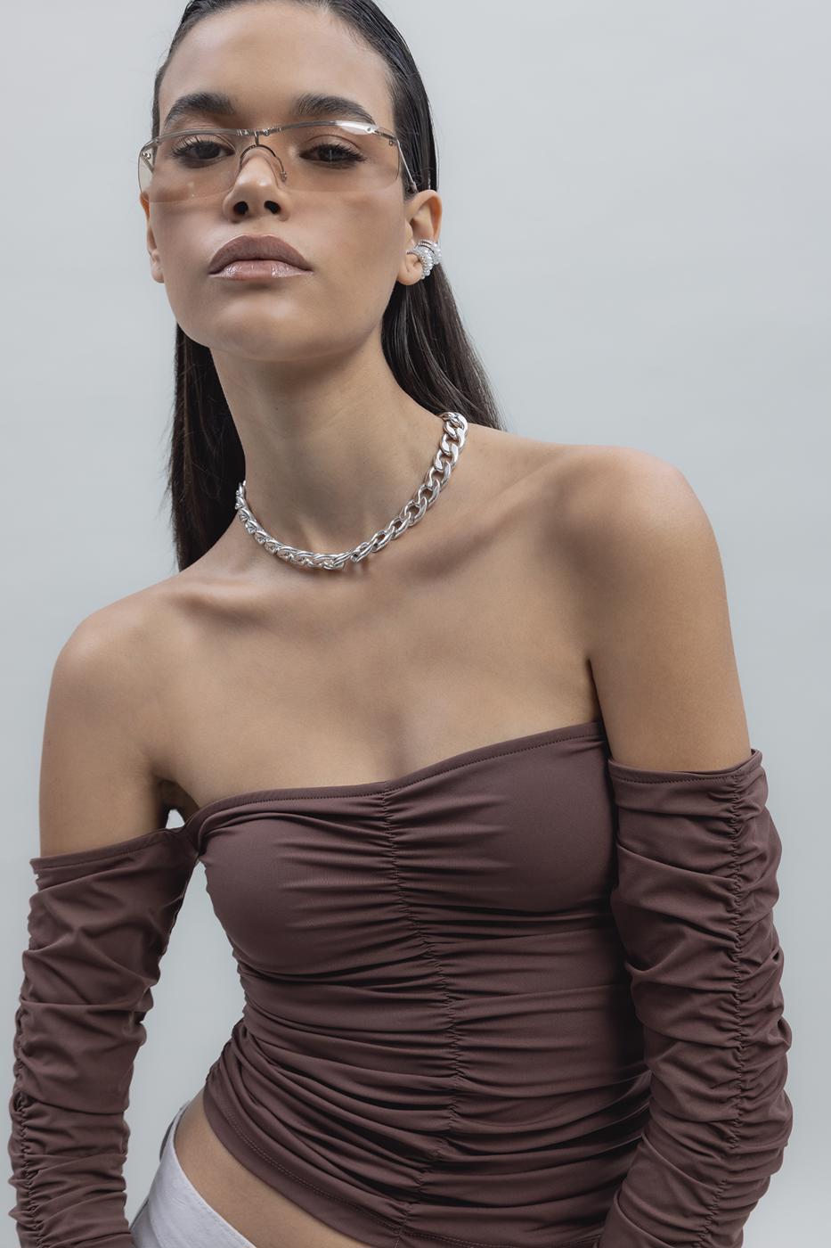 Bayan Kahverengi Straplez Uzun Kollu Top