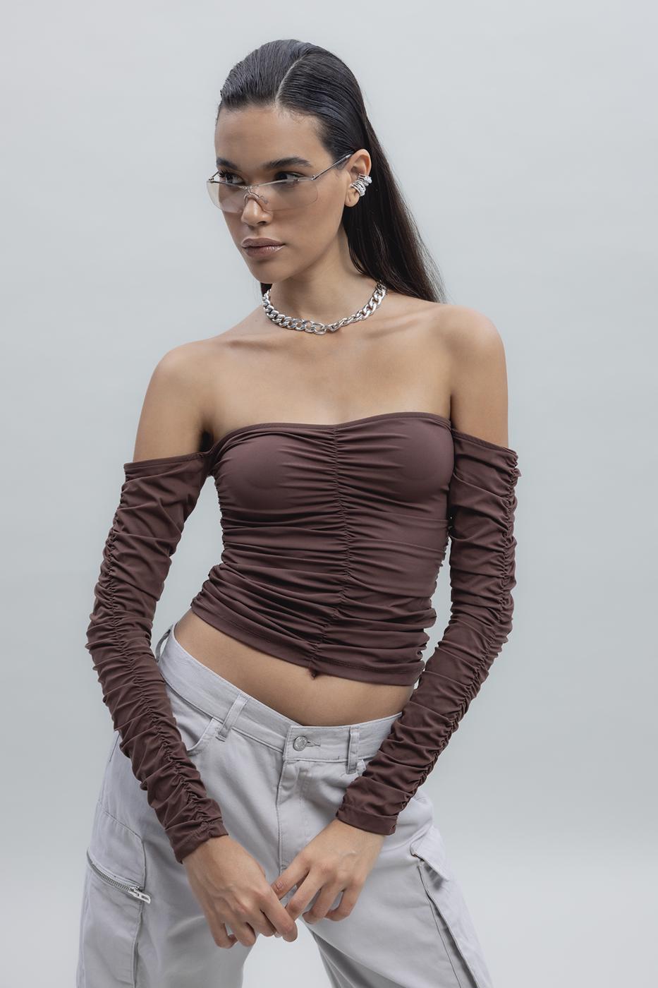 Bayan Kahverengi Straplez Uzun Kollu Top