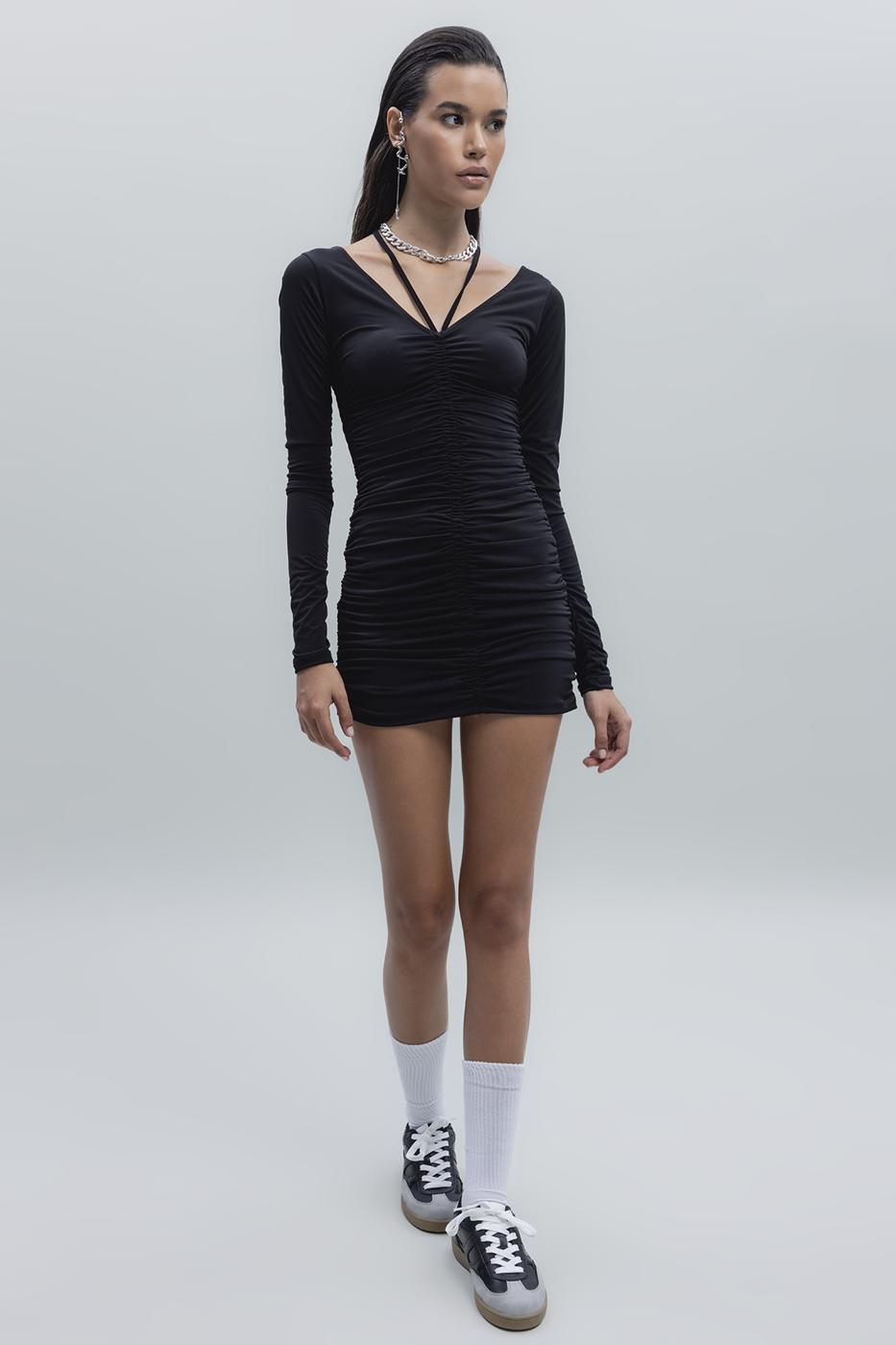 Bayan Siyah Drapeli Mini Kalem Elbise