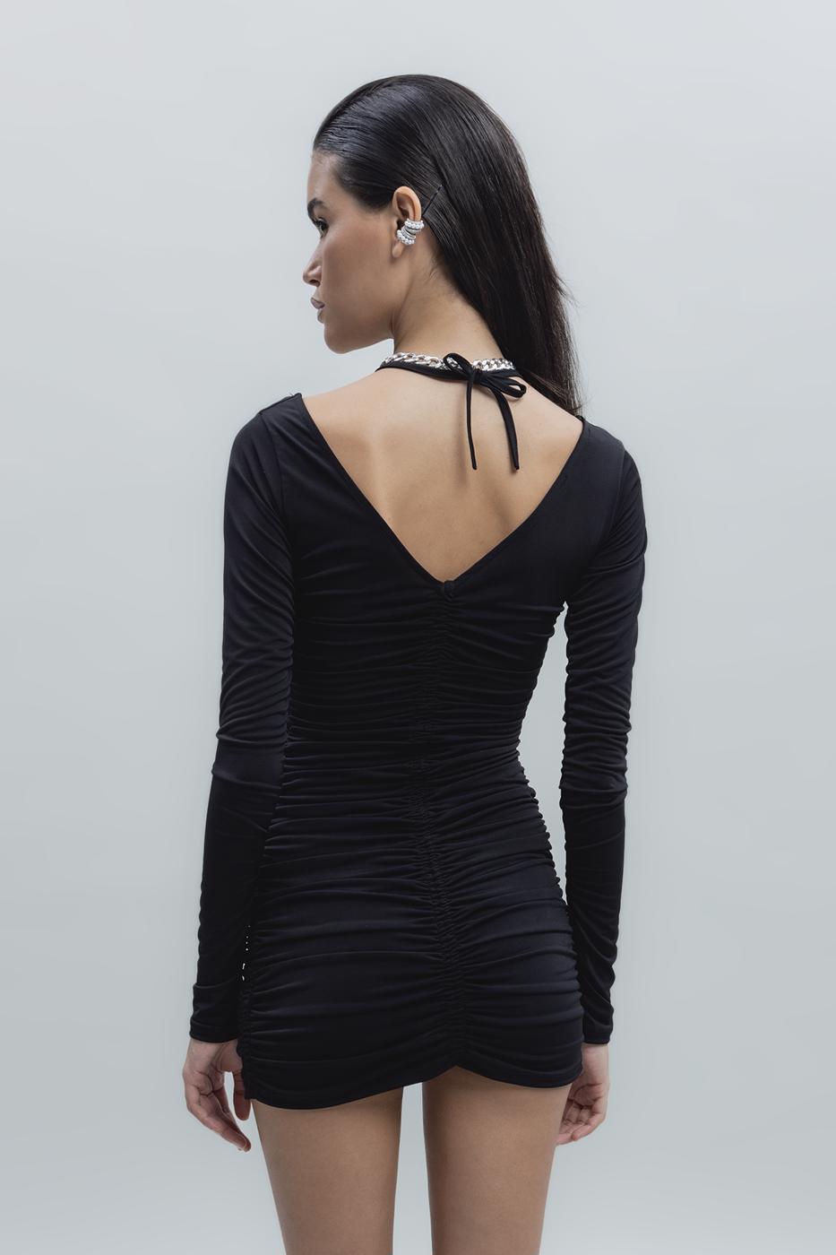 Bayan Siyah Drapeli Mini Kalem Elbise