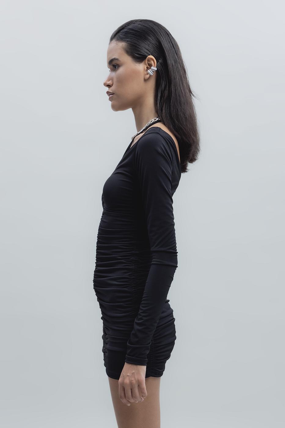 Bayan Siyah Drapeli Mini Kalem Elbise