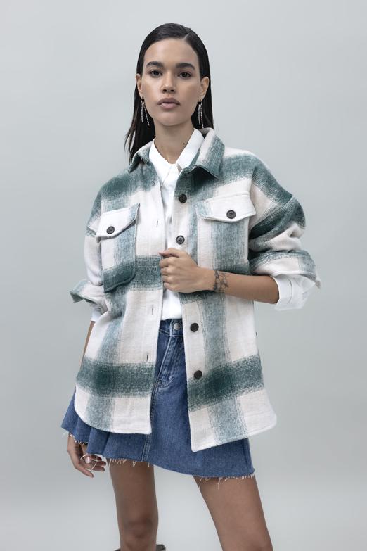 Bayan Yeşil Ekoseli Gömlek Ceket - BSL