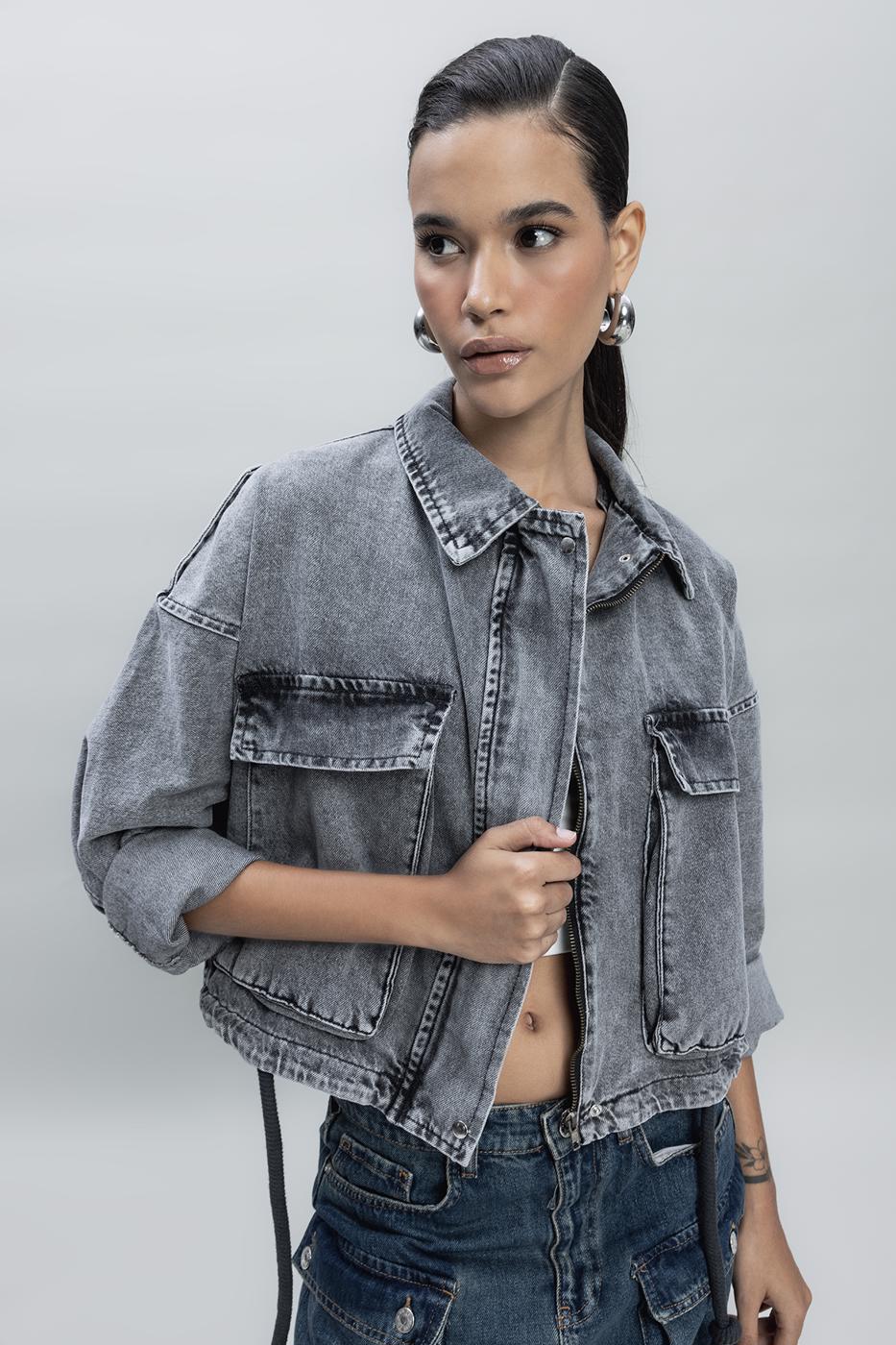 Bayan Antrasit Yarasa Kollu Denim Mont