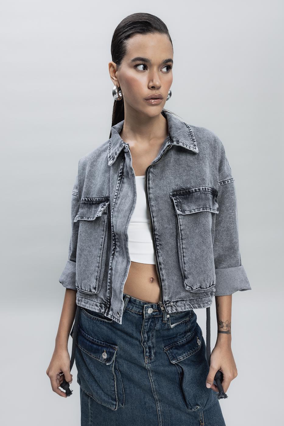 Bayan Antrasit Yarasa Kollu Denim Mont