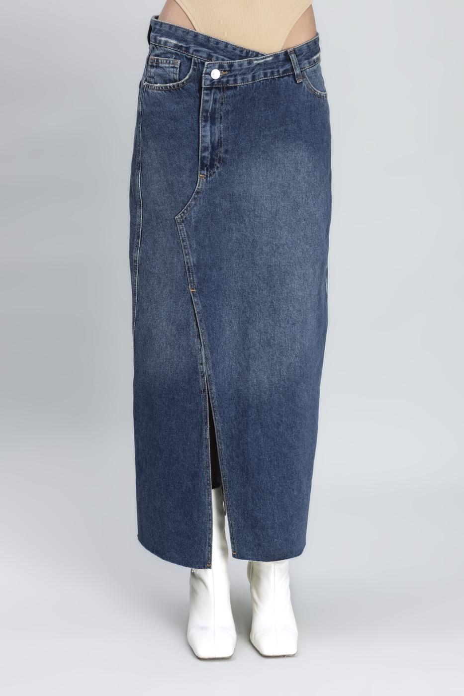 Bayan Mavi Asimetrik Kemerli Denim Etek