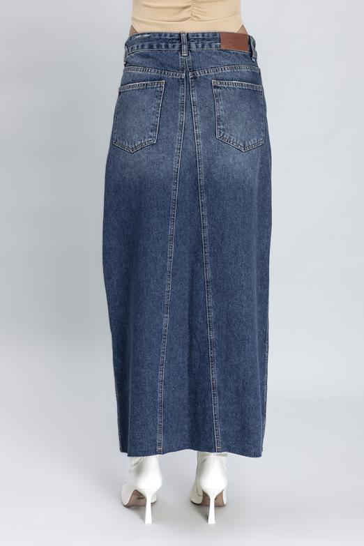 Bayan Mavi Asimetrik Kemerli Denim Etek - BSL