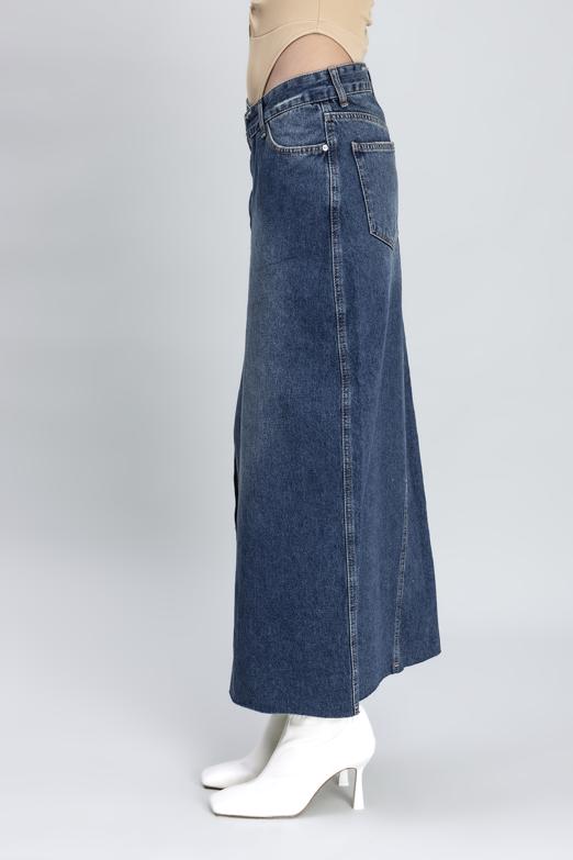 Bayan Mavi Asimetrik Kemerli Denim Etek - BSL