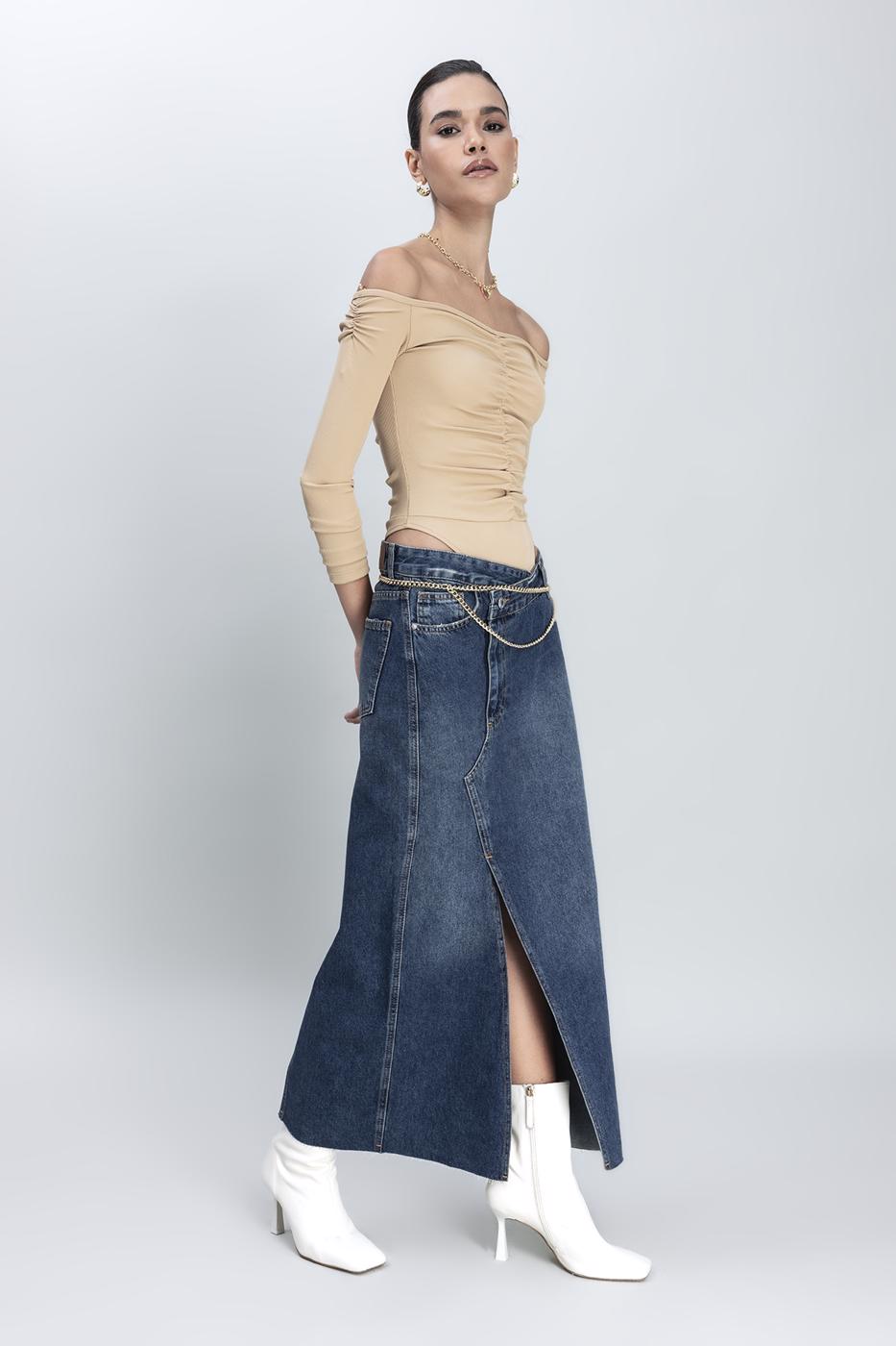 Bayan Mavi Asimetrik Kemerli Denim Etek