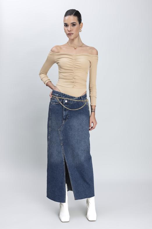 Bayan Mavi Asimetrik Kemerli Denim Etek - BSL