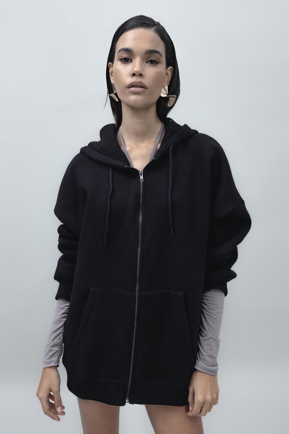 Bayan Siyah Şardonlu Kapüşonlu Sweatshirt