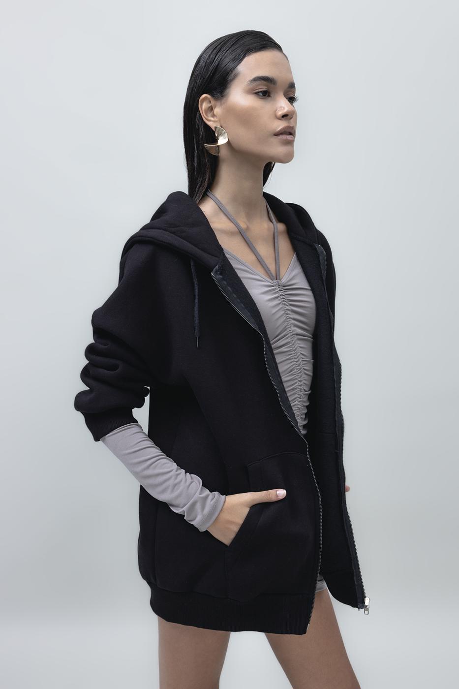 Bayan Siyah Şardonlu Kapüşonlu Sweatshirt