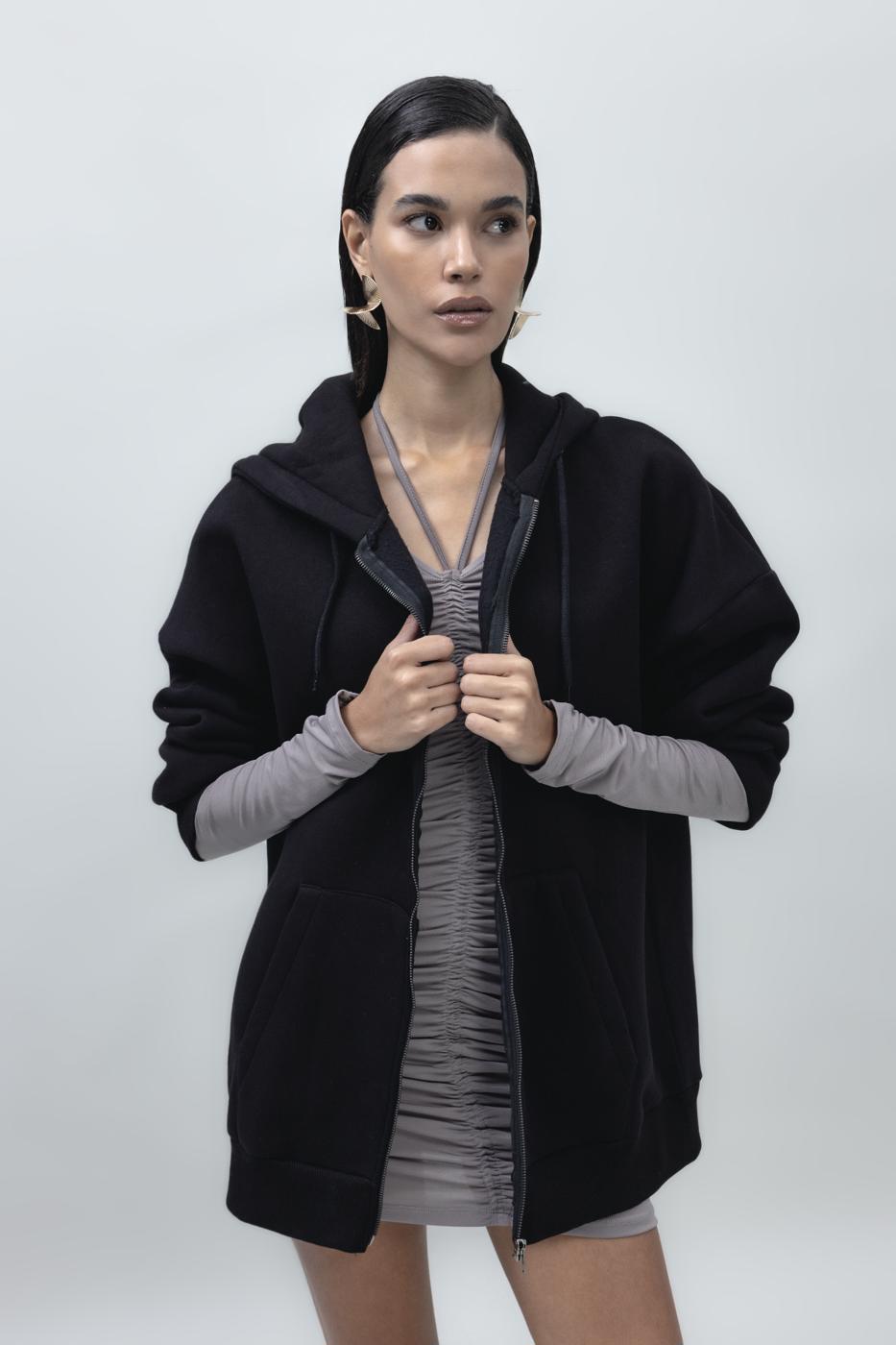 Bayan Siyah Şardonlu Kapüşonlu Sweatshirt