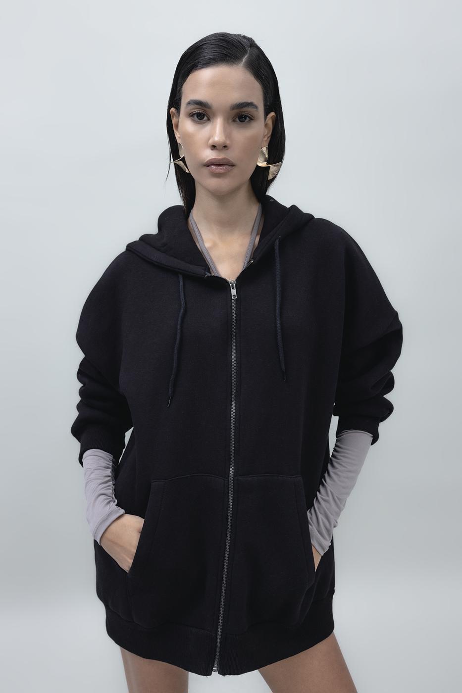 Bayan Siyah Şardonlu Kapüşonlu Sweatshirt