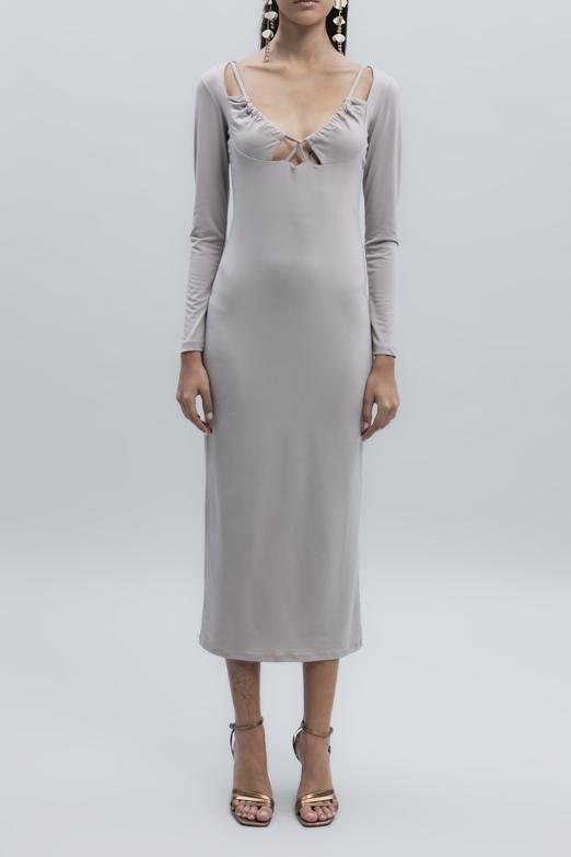 Bayan Bej Derin Yaka Dekolteli Midi Kalem Elbise - BSL