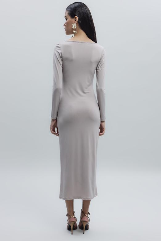 Bayan Bej Derin Yaka Dekolteli Midi Kalem Elbise - BSL