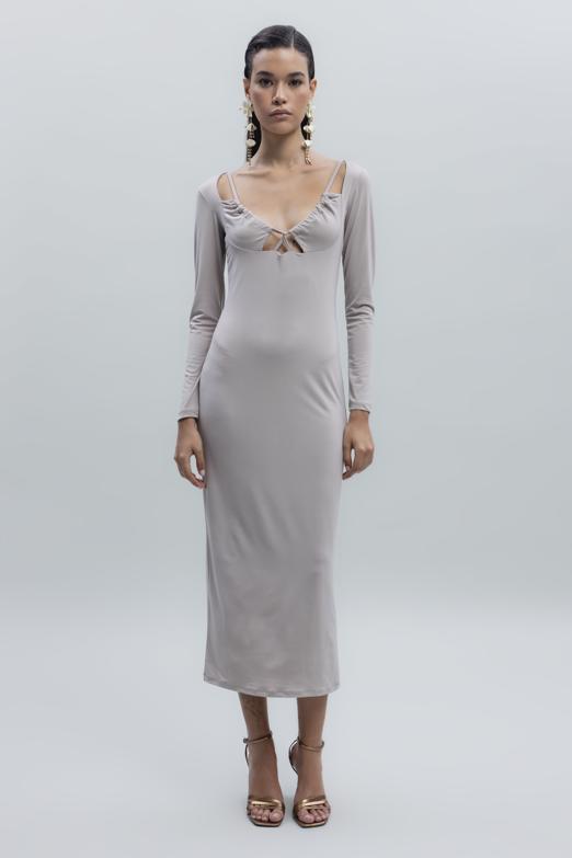Bayan Bej Derin Yaka Dekolteli Midi Kalem Elbise - BSL