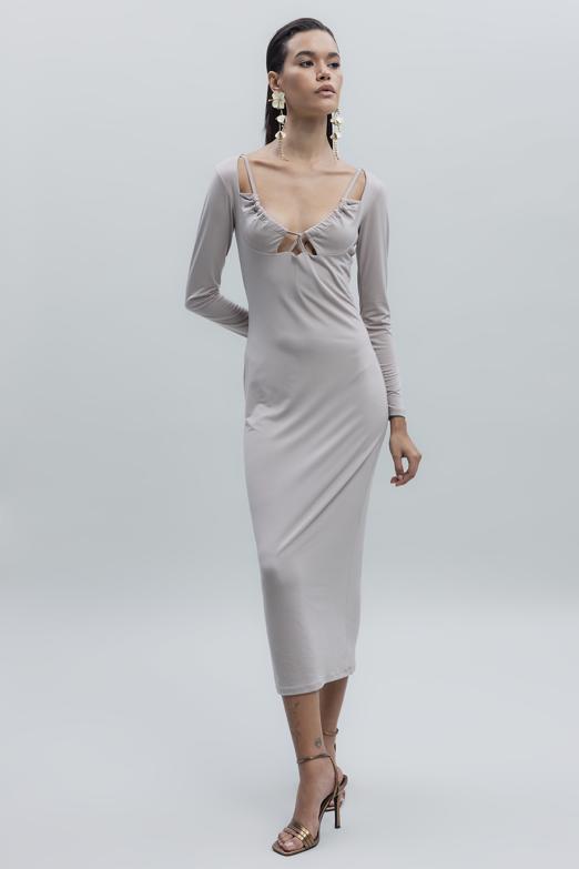 Bayan Bej Derin Yaka Dekolteli Midi Kalem Elbise - BSL