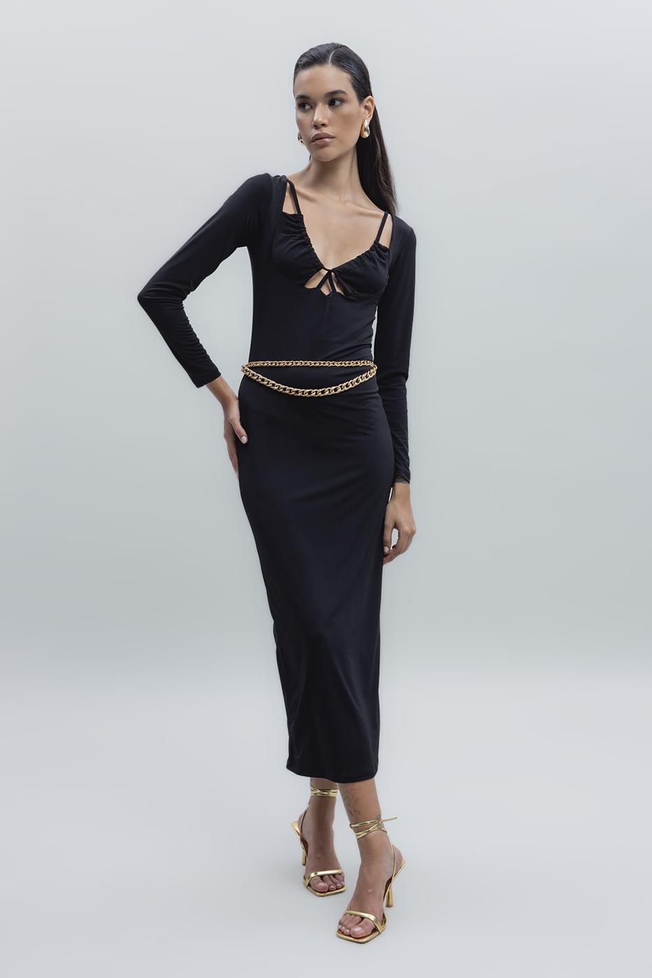 Bayan Siyah Derin Yaka Dekolteli Midi Kalem Elbise