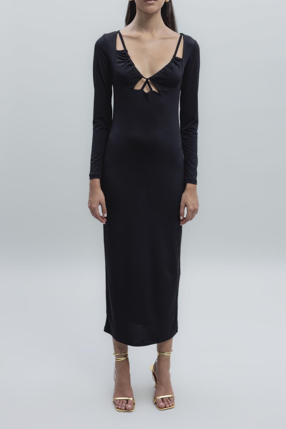 Bayan Siyah Derin Yaka Dekolteli Midi Kalem Elbise